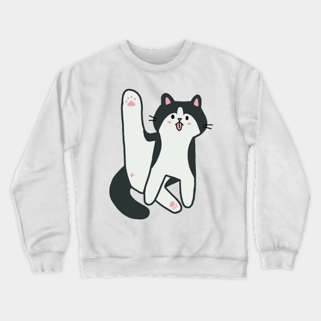 Black and White Tuxedo Cat Licking Butt Crewneck Sweatshirt by waddleworks